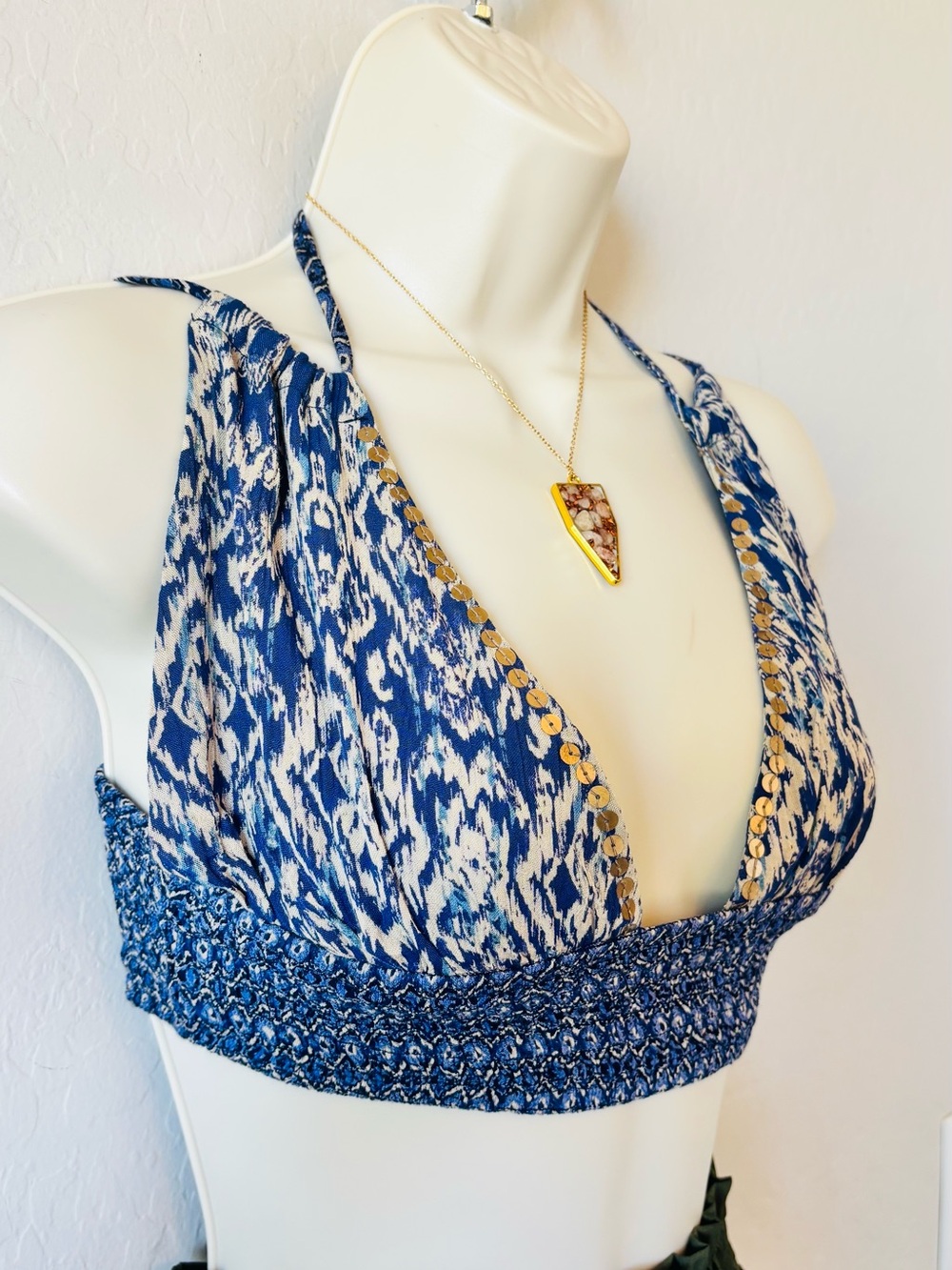Band of Gypsies Blue Printed Halter Crop Top with Gold Trim